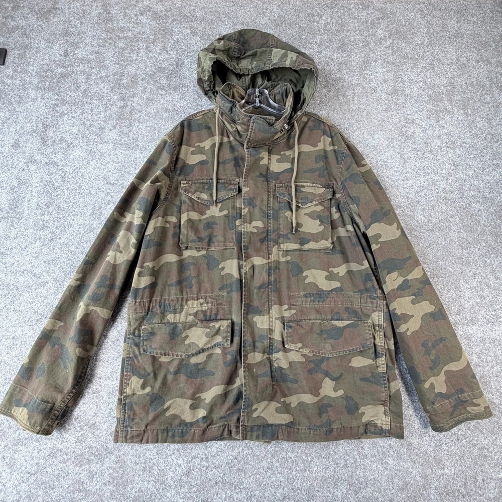 Old Navy Field Jacket Mens L Green Beige Camouflage Hooded Utility Outdoor